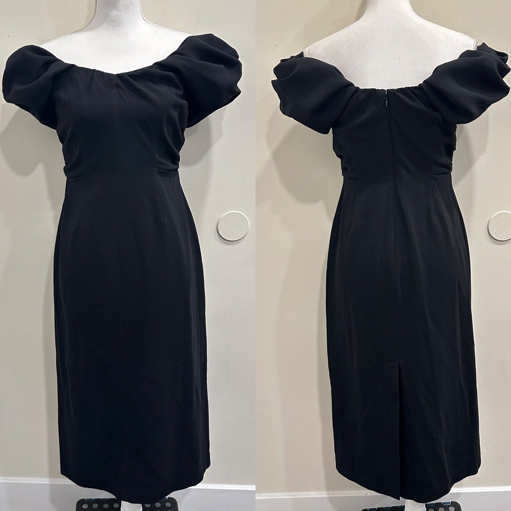 ALC Nora Black Off Shoulder Midi Sheath Dress Puff Sleeve Corset Bodice Sz 6 LBD